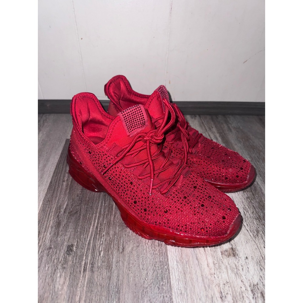 Red Rhinestone Embellished Knit Sneakers Memory Foam Chunky Sole Women Size 10